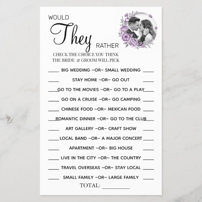 Orchid Would They Rather shower game card Flyer (Front)