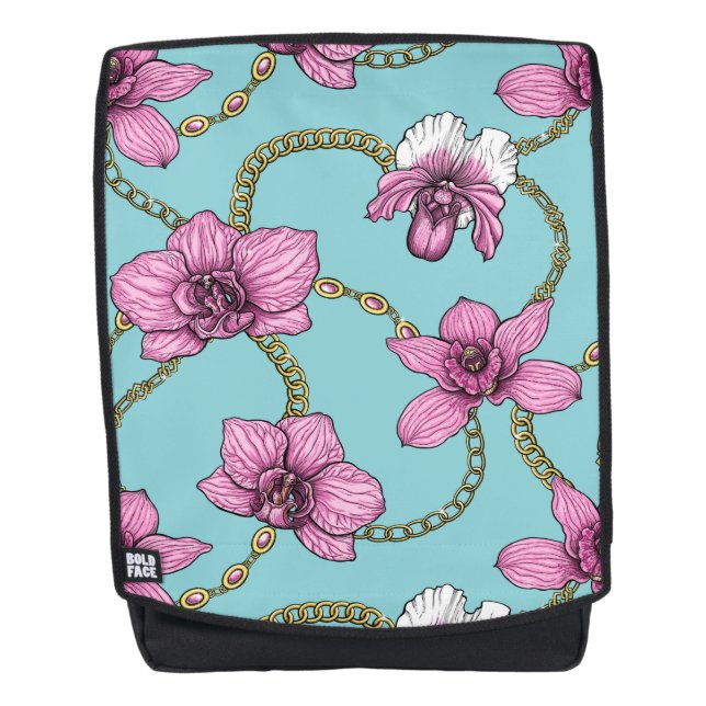 Orchids and chains, pink and blue backpack (Front)