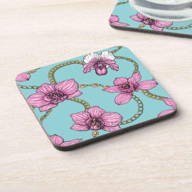 Orchids and chains, pink and blue beverage coaster (Left Side)