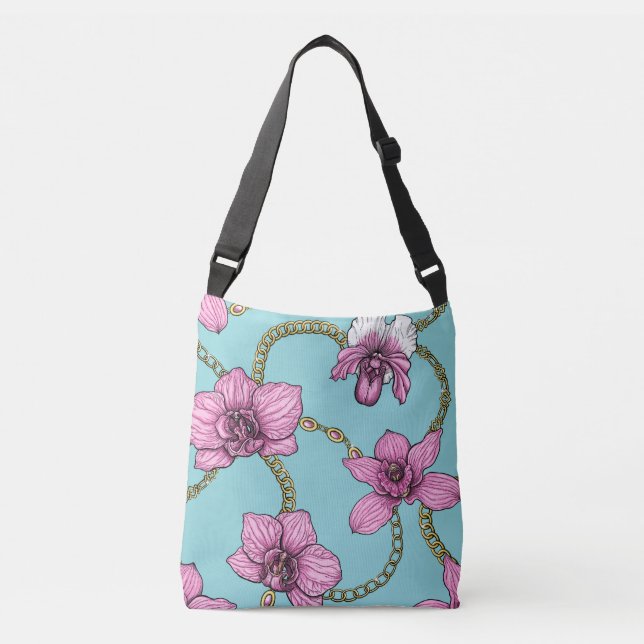 Orchids and chains, pink and blue crossbody bag (Front)
