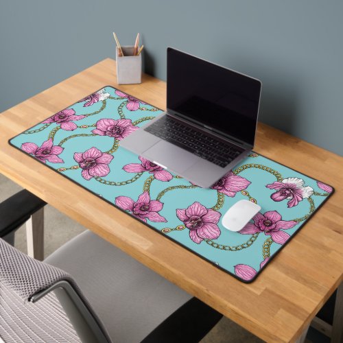 Orchids and chains pink and blue desk mat