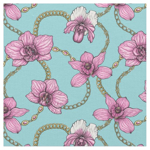 Orchids and chains, pink and blue fabric