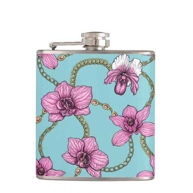 Orchids and chains, pink and blue flask (Front)