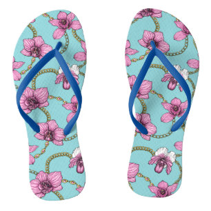 Orchids and chains, pink and blue flip flops