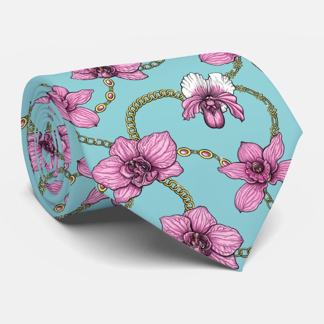 Orchids and chains, pink and blue neck tie (Rolled)