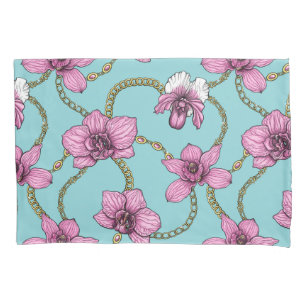 Orchids and chains, pink and blue pillow case