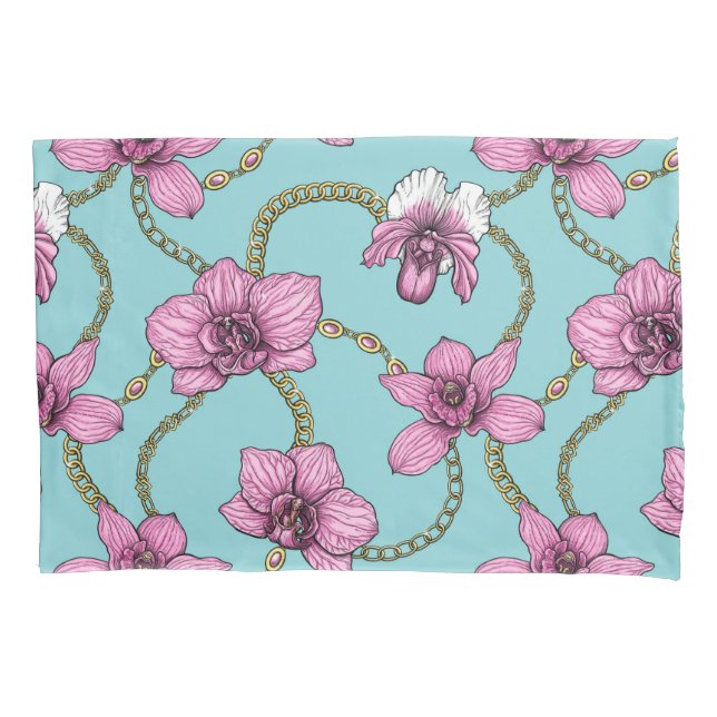 Orchids and chains, pink and blue pillow case (Front-Left)