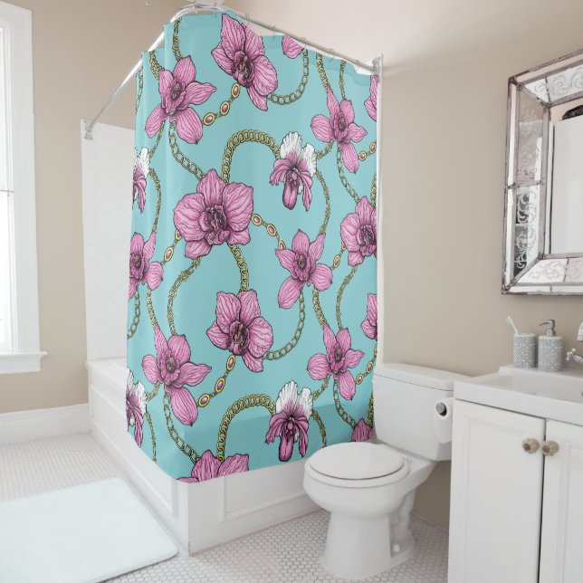 Orchids and chains, pink and blue shower curtain (In Situ)