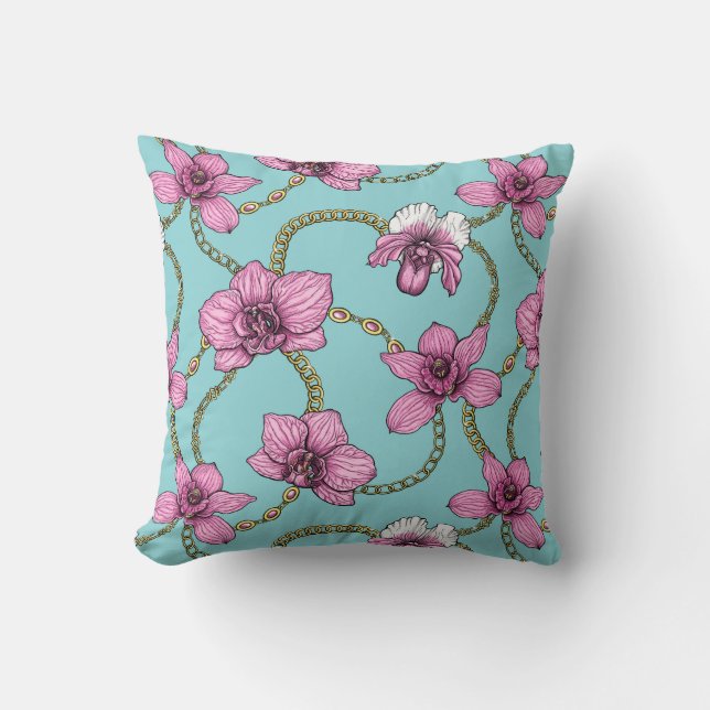 Orchids and chains, pink and blue throw pillow (Front)