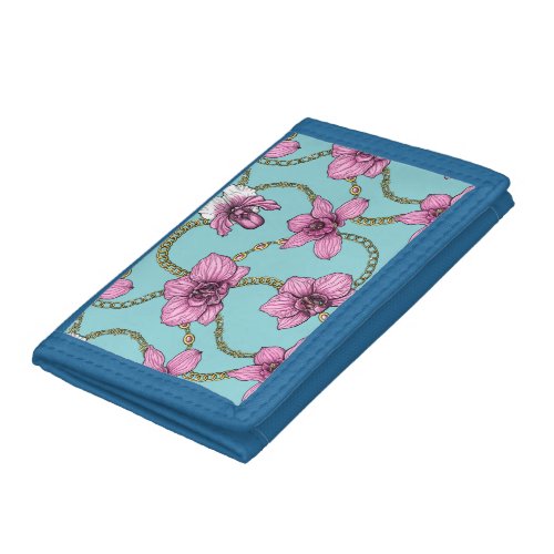 Orchids and chains pink and blue trifold wallet