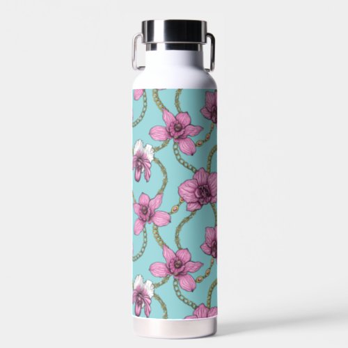 Orchids and chains pink and blue water bottle