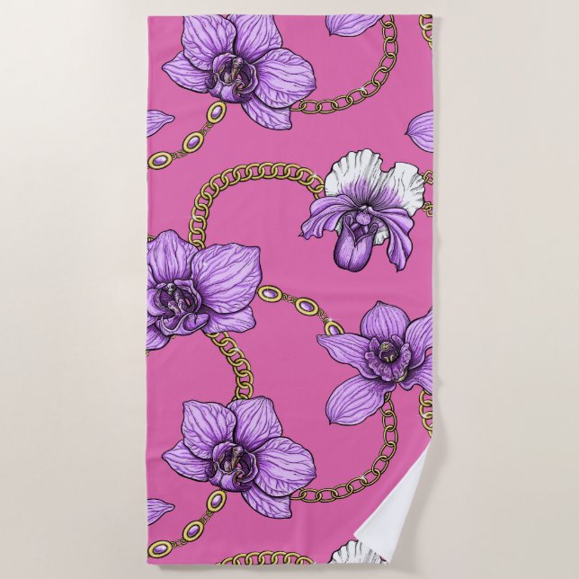 Orchids and chains, violet and pink beach towel (Front)