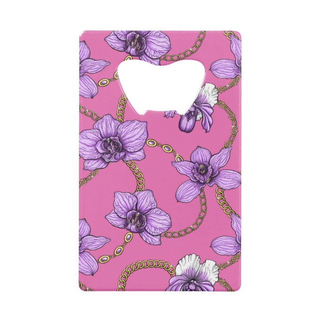Orchids and chains, violet and pink credit card bottle opener (Front)