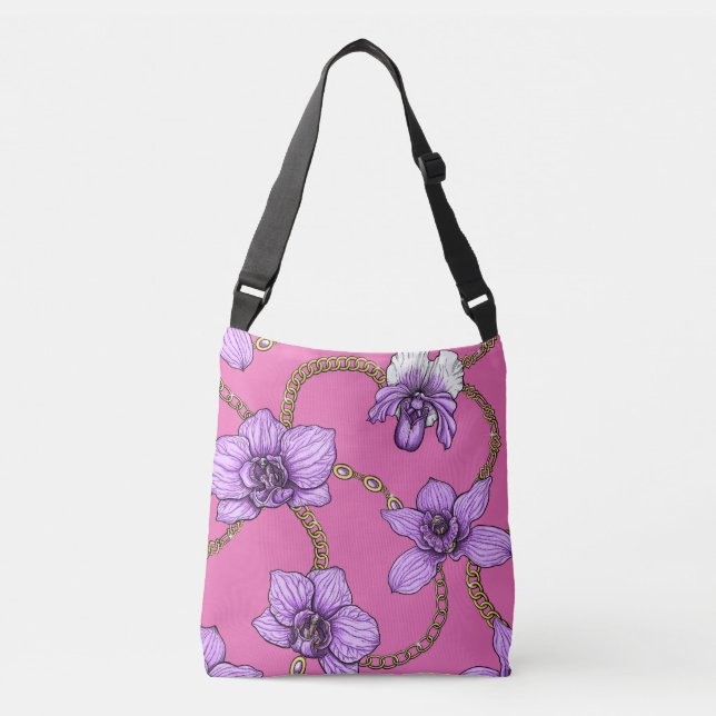 Orchids and chains, violet and pink crossbody bag (Front)