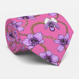 Orchids and chains, violet and pink neck tie