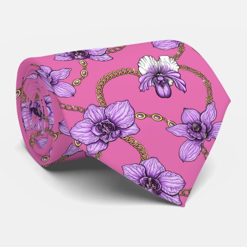 Orchids and chains violet and pink neck tie