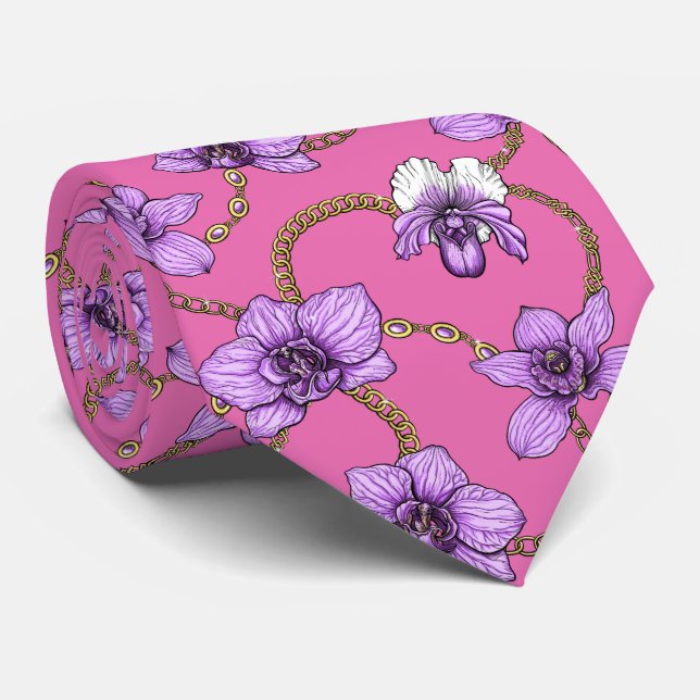Orchids and chains, violet and pink neck tie (Rolled)