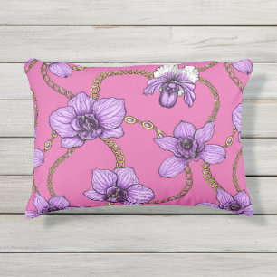 Orchids and chains, violet and pink outdoor pillow