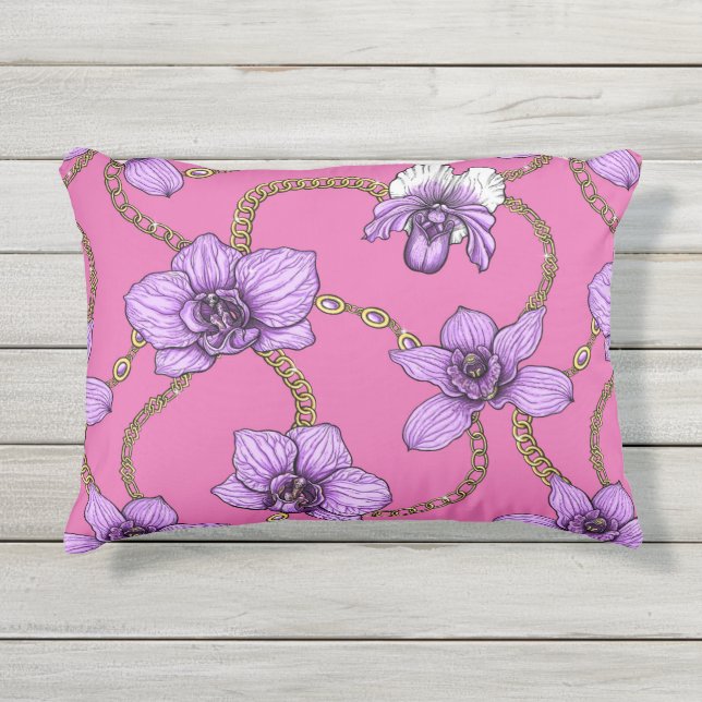 Orchids and chains, violet and pink outdoor pillow (Front)