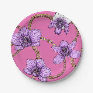 Orchids and chains, violet and pink paper plates