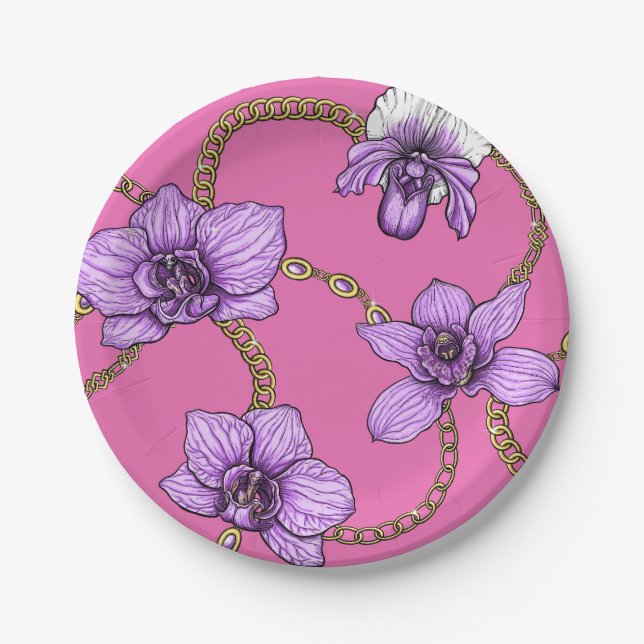 Orchids and chains, violet and pink paper plates (Front)