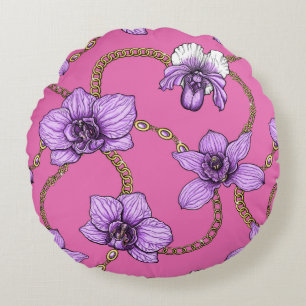 Orchids and chains, violet and pink round pillow