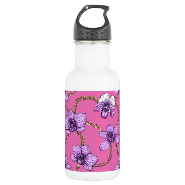 Orchids and chains, violet and pink stainless steel water bottle (Front)