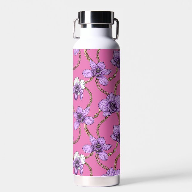 Orchids and chains, violet and pink water bottle (Front)