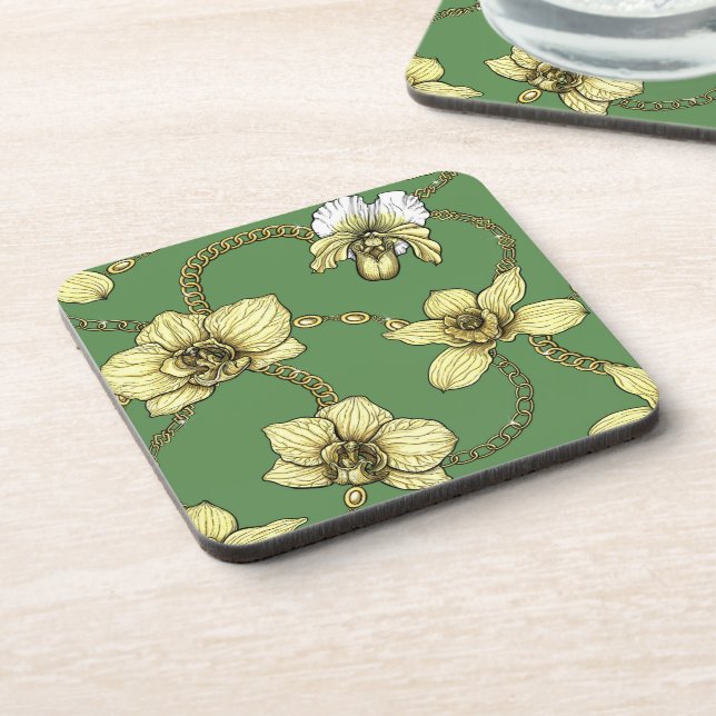 Orchids and chains, yellow and kelly green beverage coaster (Left Side)
