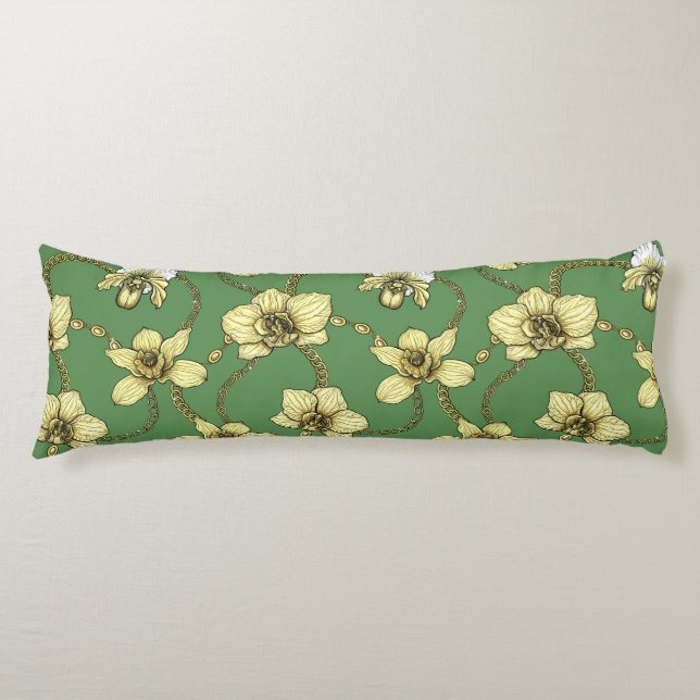 Orchids and chains, yellow and kelly green body pillow (Front)