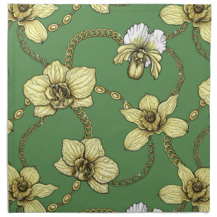 Orchids and chains, yellow and kelly green cloth napkin