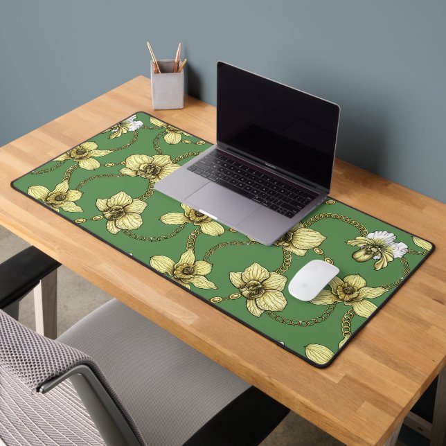 Orchids and chains, yellow and kelly green desk mat (Office 2)