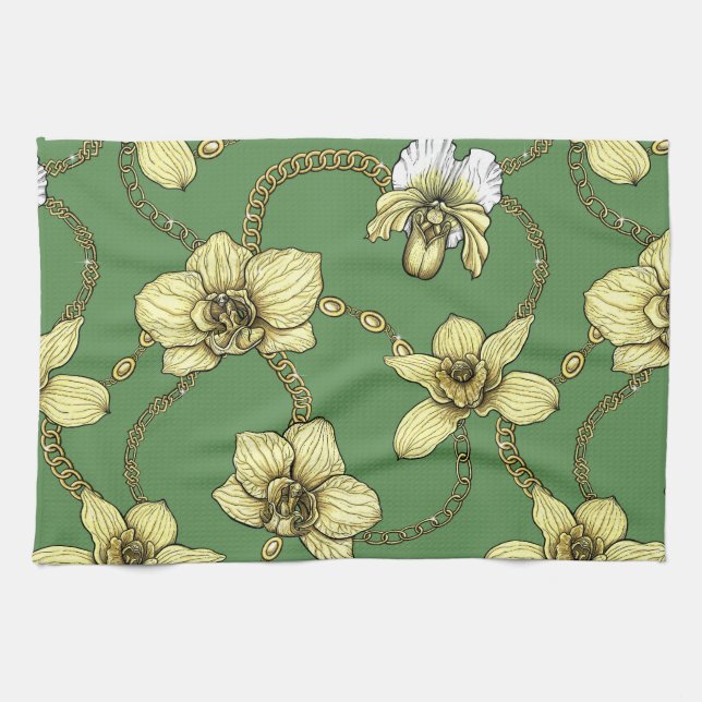 Orchids and chains, yellow and kelly green kitchen towel (Horizontal)