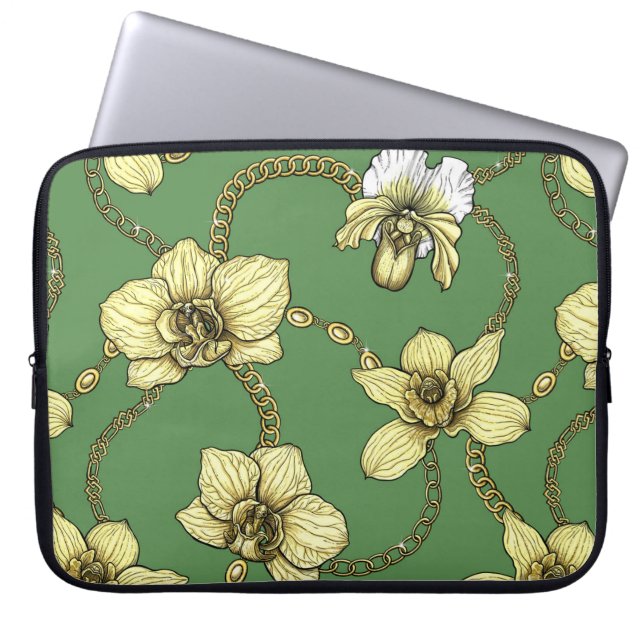 Orchids and chains, yellow and kelly green laptop sleeve (Front)