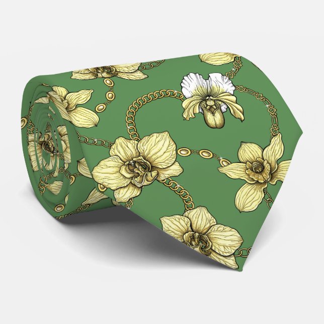 Orchids and chains, yellow and kelly green neck tie (Rolled)