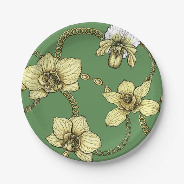 Orchids and chains, yellow and kelly green paper plates (Front)