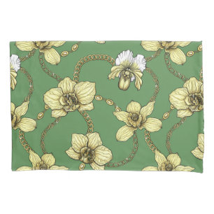 Orchids and chains, yellow and kelly green pillow case