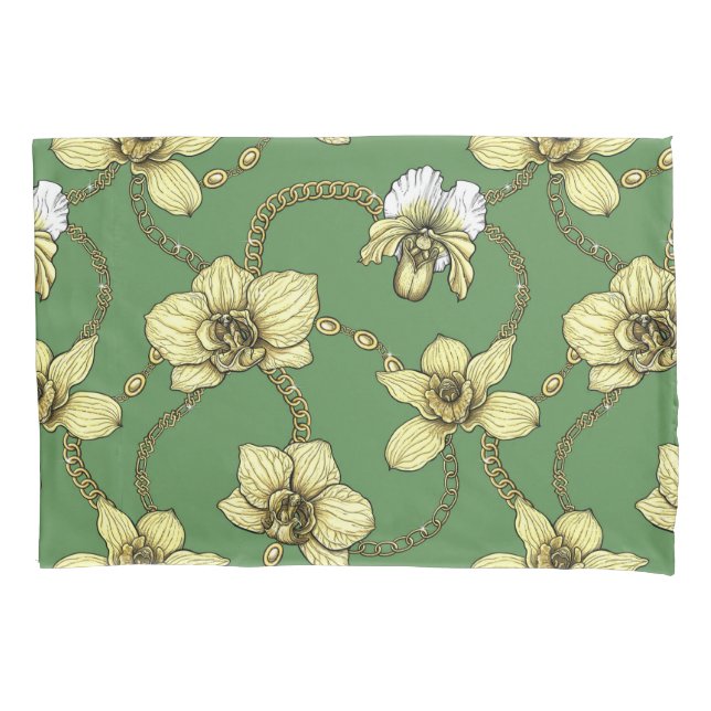 Orchids and chains, yellow and kelly green pillow case (Front-Left)