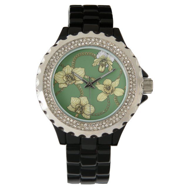 Orchids and chains, yellow and kelly green watch (Front)