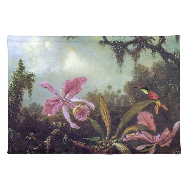 Orchids and Crimson Hummingbird Cloth Placemat (Front)
