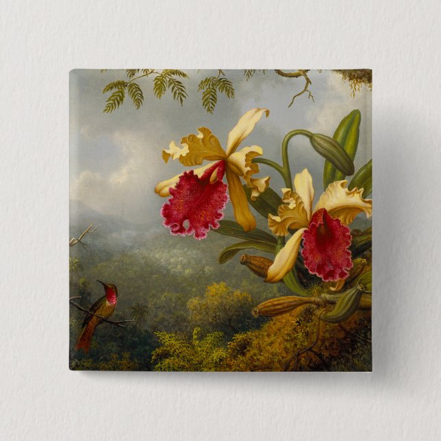 Orchids and Hummingbird Heade Button (Front)