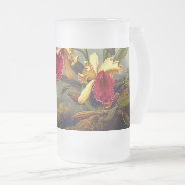 Orchids and Hummingbird Heade Frosted Glass Beer Mug (Front Right)