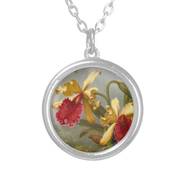 Orchids and Hummingbird Heade Silver Plated Necklace (Front)