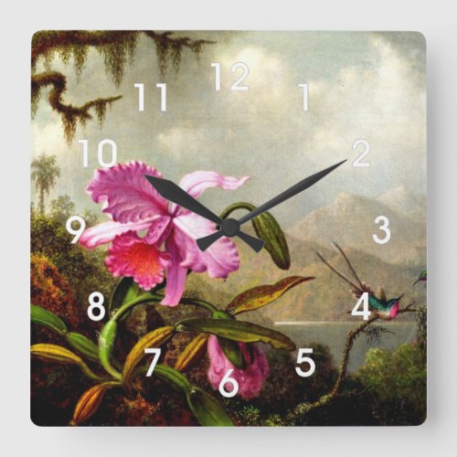 Orchids and Hummingbirds near a Mountain Lake Square Wall Clock