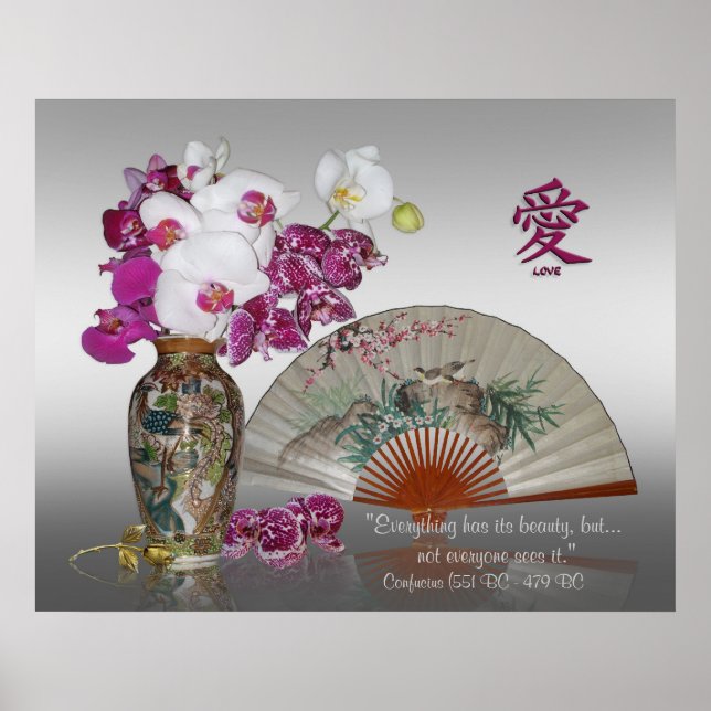 Orchids and Oriental painted fan, Confucius quote Poster (Front)