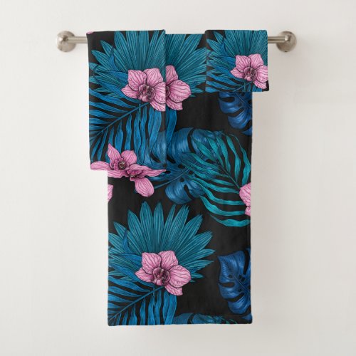 Orchids and palm leaves pink and blue on black bath towel set