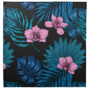 Orchids and palm leaves, pink and blue on black cloth napkin