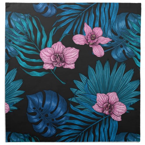Orchids and palm leaves pink and blue on black cloth napkin