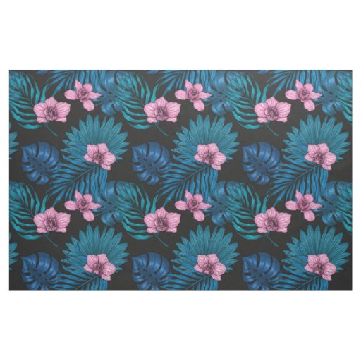 Orchids and palm leaves, pink and blue on black fabric