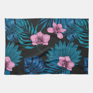 Orchids and palm leaves, pink and blue on black kitchen towel